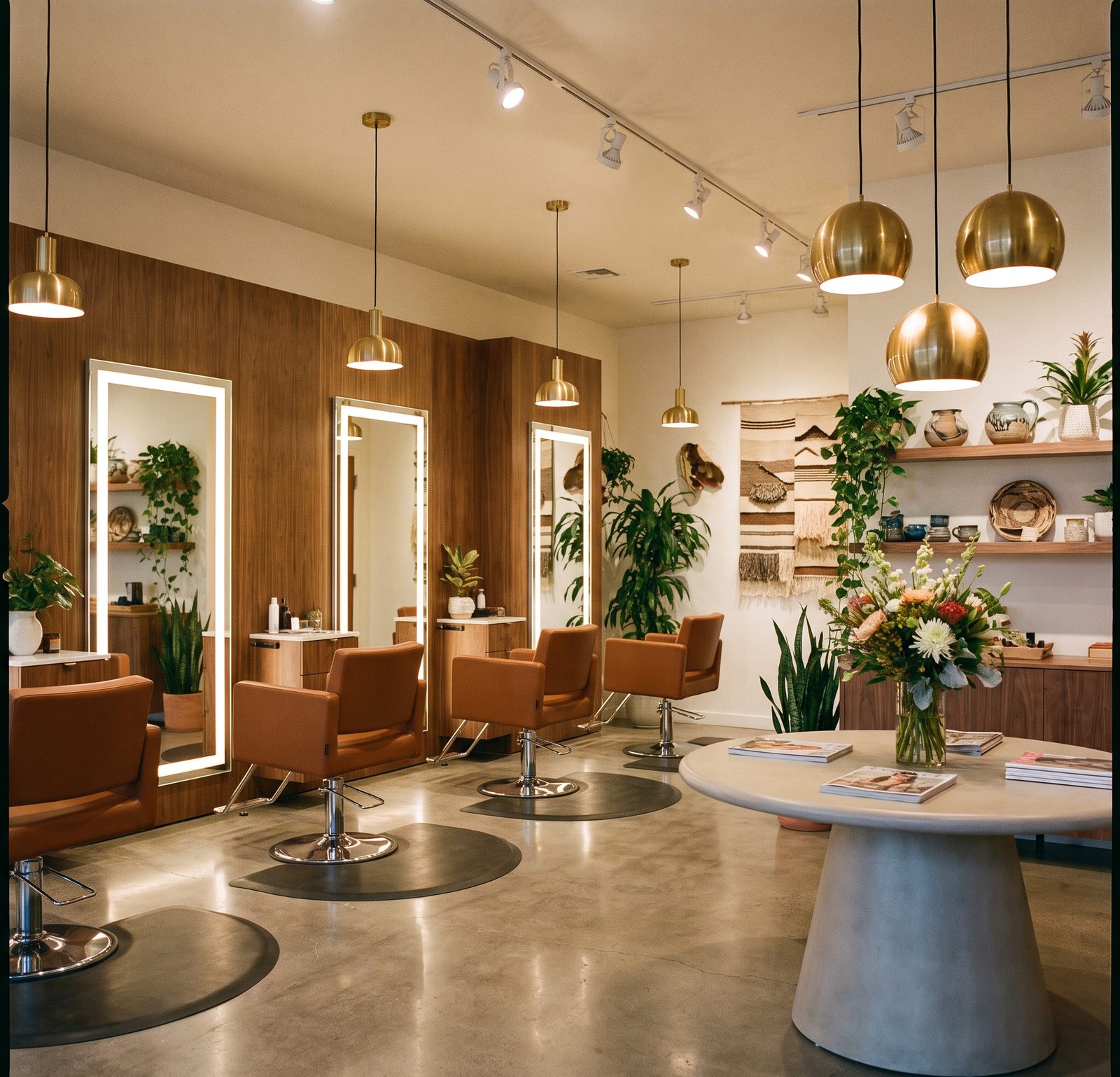 Salon chair and styling station beside a mirror