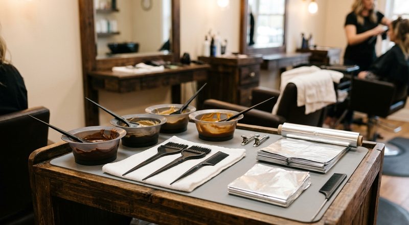 Color mixing bowls and brushes at a salon station